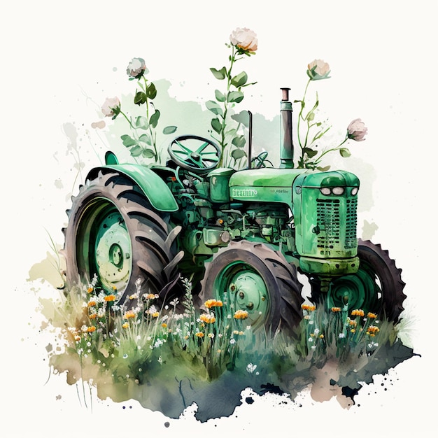 hay un tractor verde con flores en la parte delantera de la generativa ai