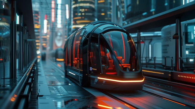 Foto hay un tren que está bajando por las vías en la ciudad generativa ai