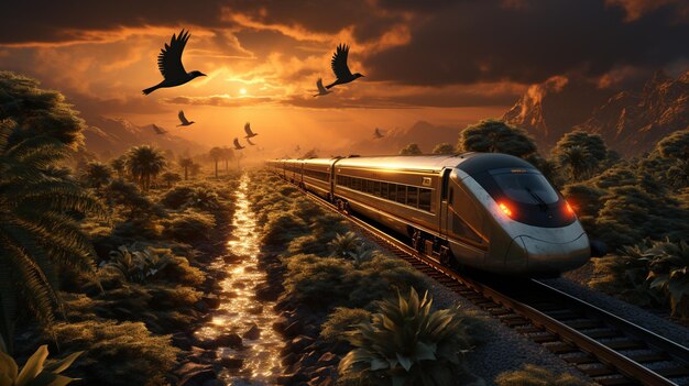 Foto hay un tren que está bajando por las vías en la puesta de sol generativo ai