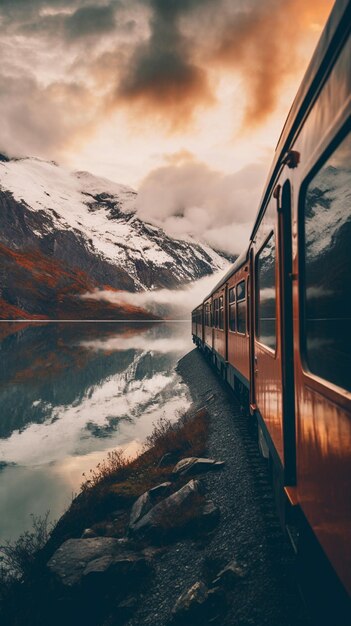 Hay un tren que viaja por las vías cerca de un lago generativo ai