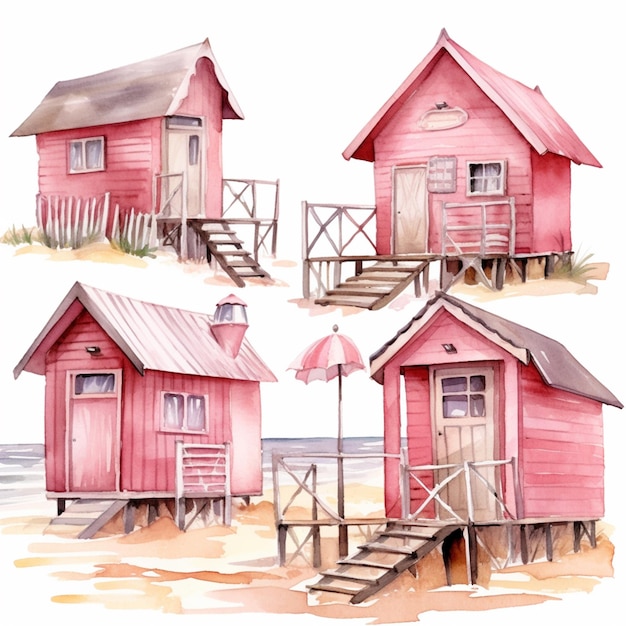 Hay tres casas rosas en la playa con una sombrilla generativa ai
