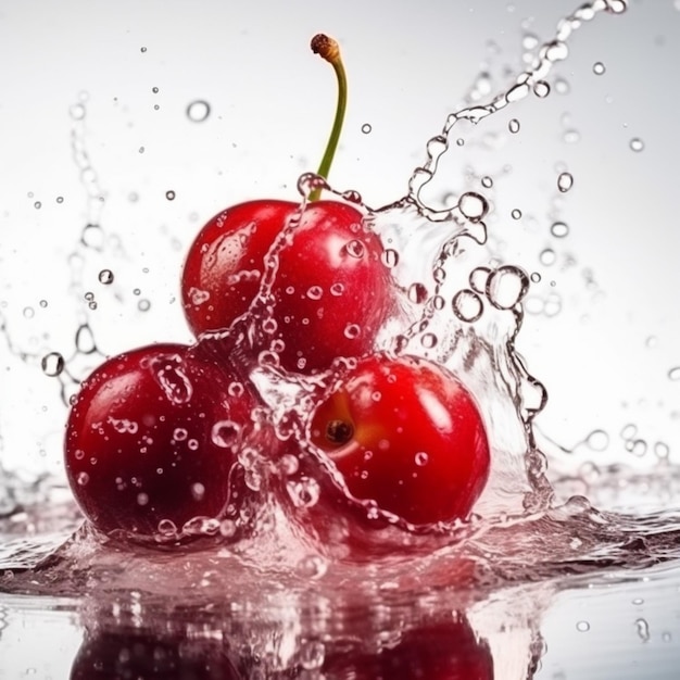 Hay tres cerezas en un chorro de agua y el agua salpica.