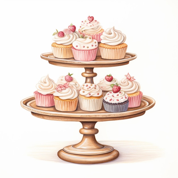 Hay tres cupcakes en niveles en un soporte de madera generativo ai