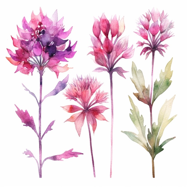 Hay tres flores diferentes que están pintadas en acuarela generativa ai.