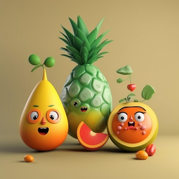 Foto hay tres frutas con caras y una piña en la parte superior generativa ai