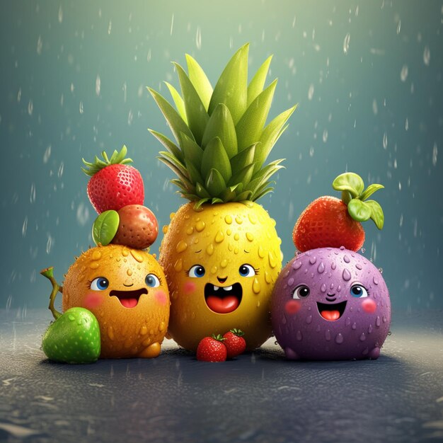 hay tres frutas que están sonriendo y una tiene una piña generativa ai