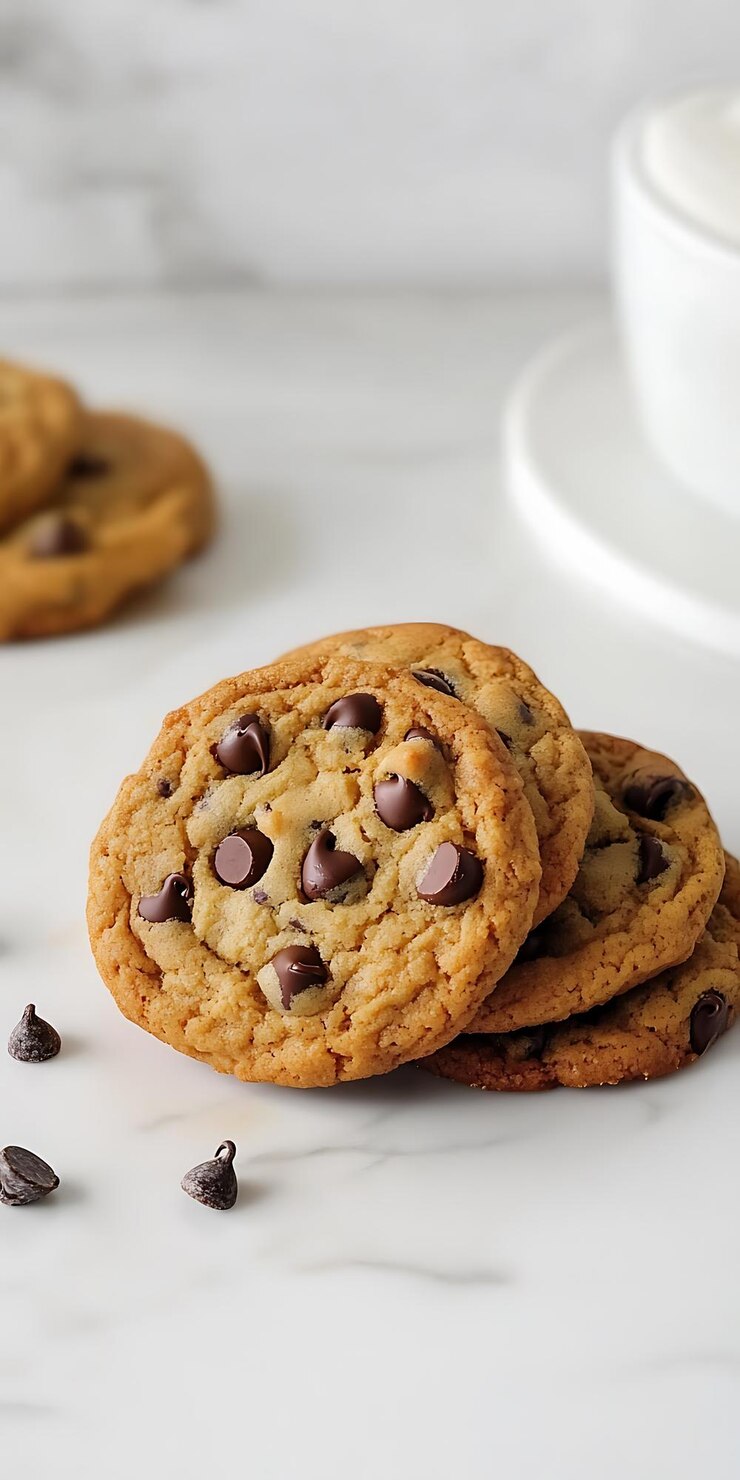 Hay tres galletas en una mesa con trozos de chocolate en ella