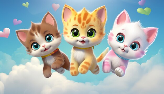 Hay tres gatitos volando en el cielo con corazones generativos ai