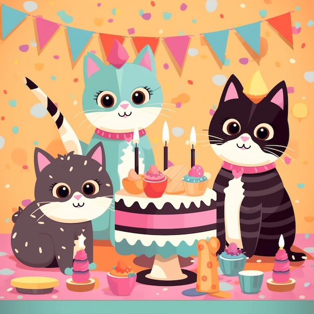 Foto hay tres gatos que están de pie alrededor de un pastel de cumpleaños generativo ai