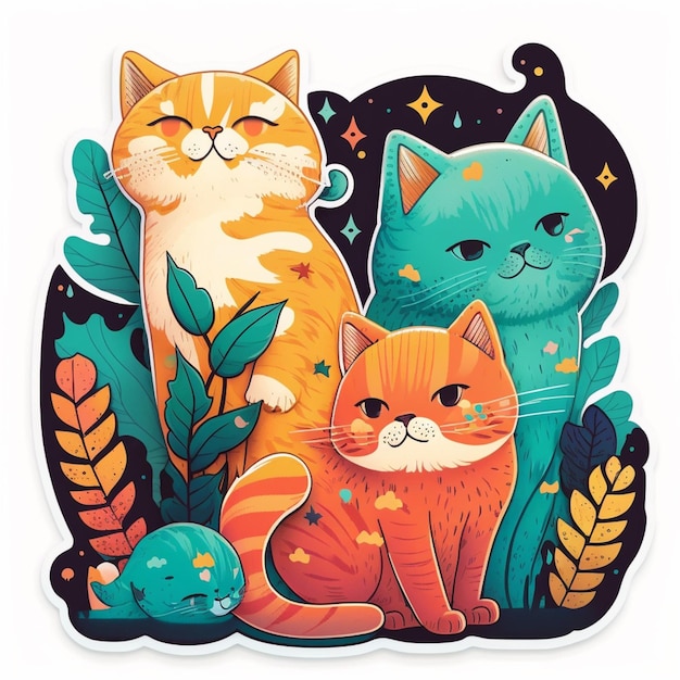 hay tres gatos sentados juntos en la hierba con hojas generativas ai