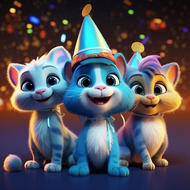 hay tres gatos sentados juntos con sombreros de fiesta generativo ai