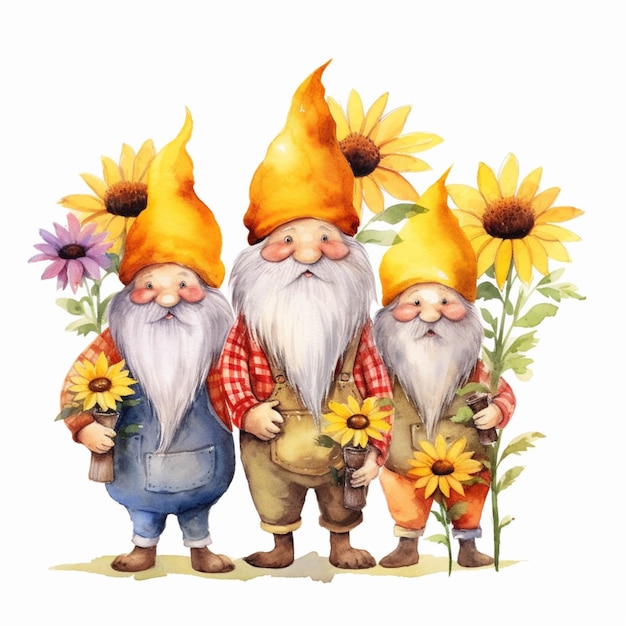 Hay tres gnomos con girasoles y una bolsa de girasoles ai generativo.