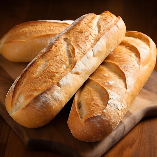 Hay tres hogazas de pan en una tabla de cortar de madera.