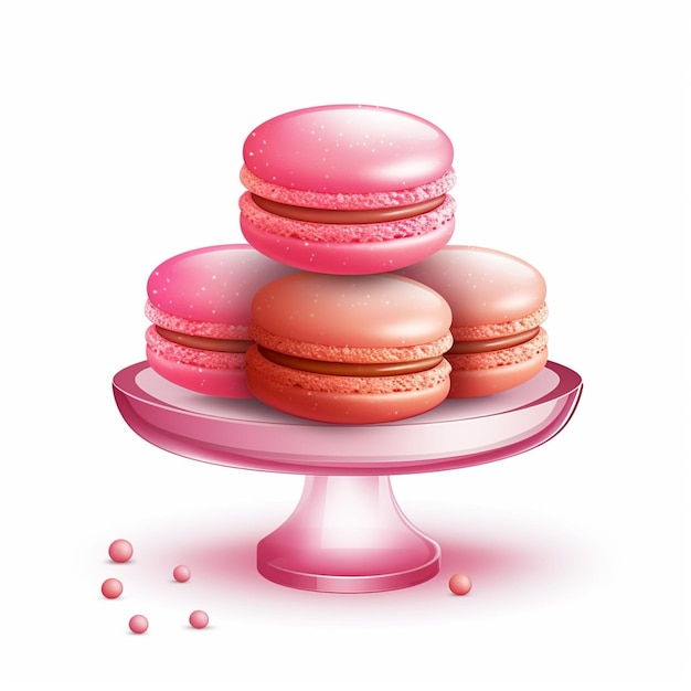 Hay tres macarons en un plato con glaseado rosa ai generativo