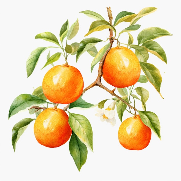 Hay tres naranjas en una rama con hojas y flores ai generativo