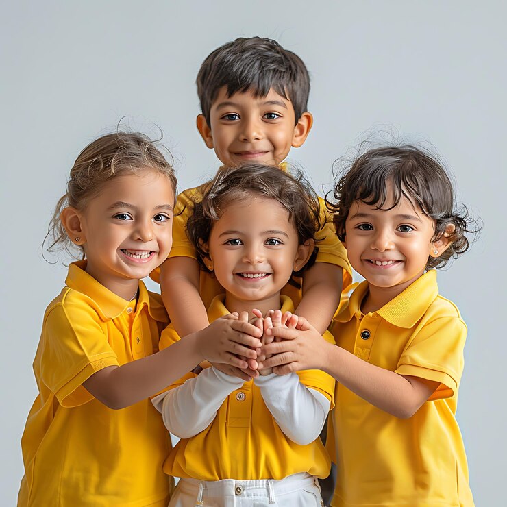 hay tres niños posando para una foto juntos en camisas amarillas