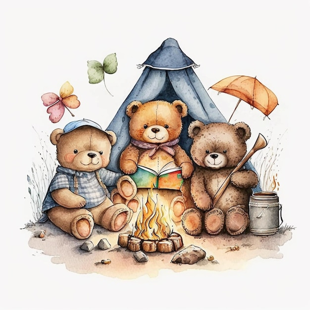 hay tres osos de peluche sentados alrededor de una fogata con un paraguas generativo ai