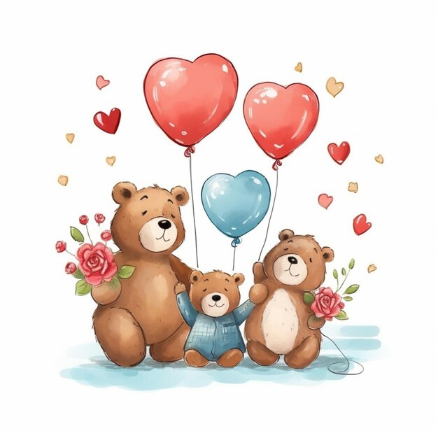 Foto hay tres osos de peluche sosteniendo globos y un globo en forma de corazón generativo ai