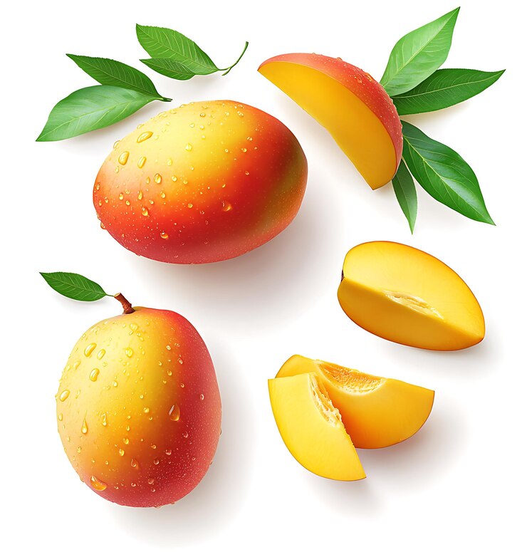 hay tres pedazos de mango y la mitad de un melocotón