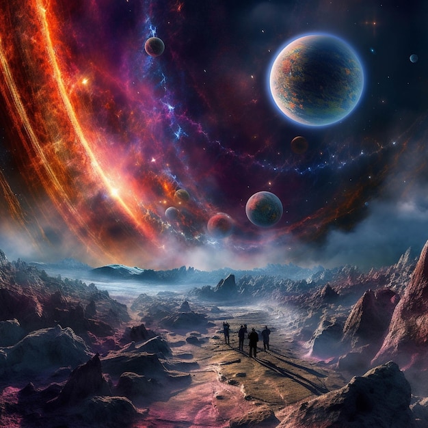 Hay tres personas de pie sobre una superficie rocosa mirando planetas ai generativa