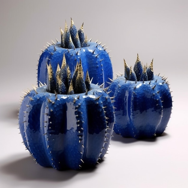 hay tres plantas de cactus azules con picos en ellos generativo ai