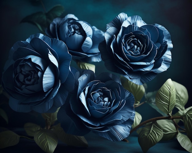 Hay tres rosas azules que están sentadas en una mesa generativa ai.