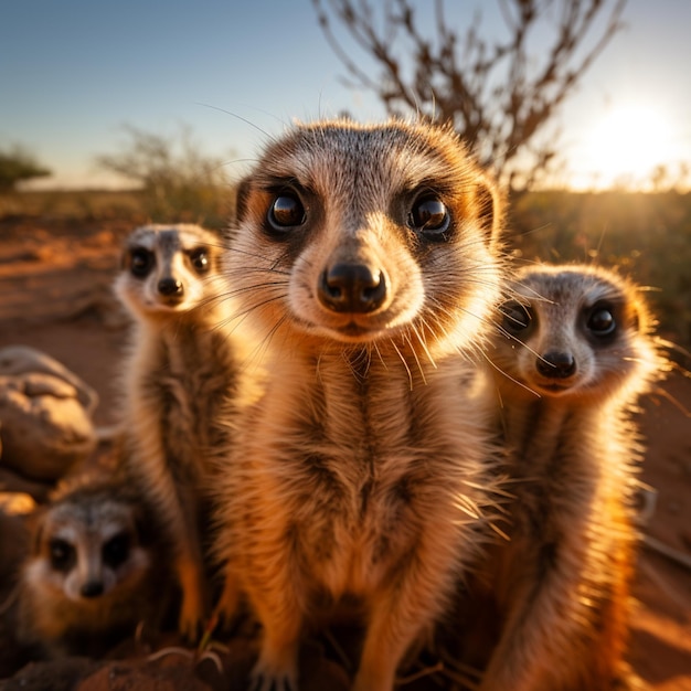 Hay tres suricatas de pie en un suelo de tierra generativo ai