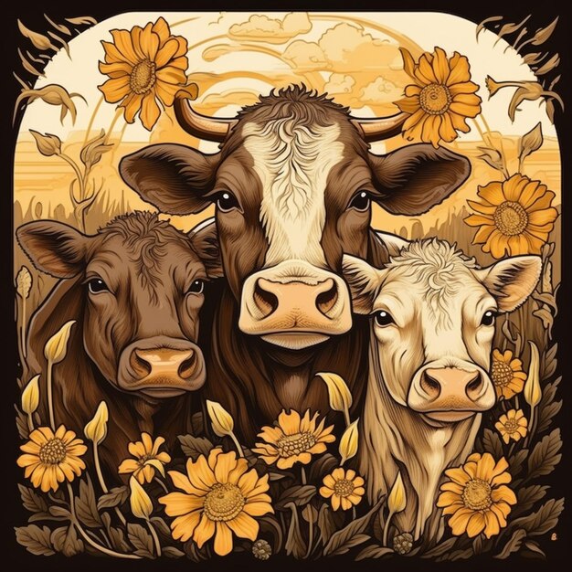 hay tres vacas paradas en un campo de flores ai generativo