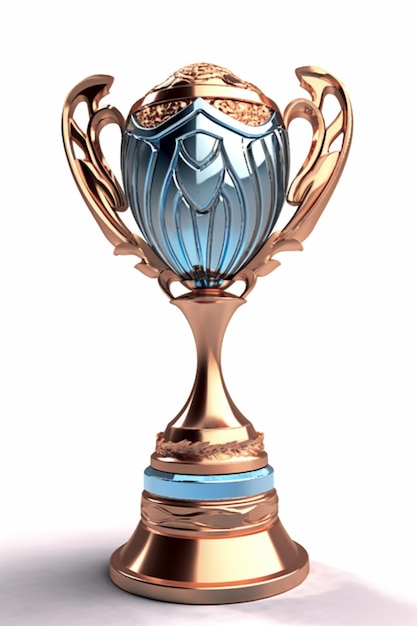 Hay un trofeo de vidrio azul con decoración de oro en él.