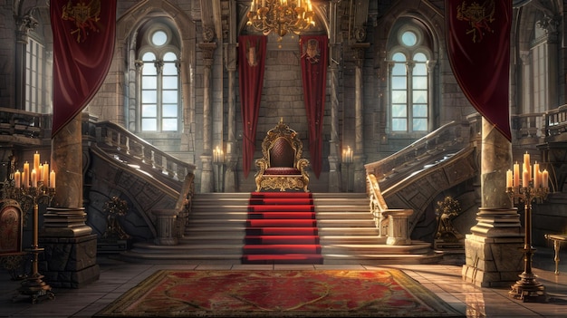 Foto hay un trono dorado y un pedestal en el que hay escaleras alfombras rojas y cortinas de pared colgando banderas y columnas de piedra un candelabro en el techo grandes ventanas y velas en soportes