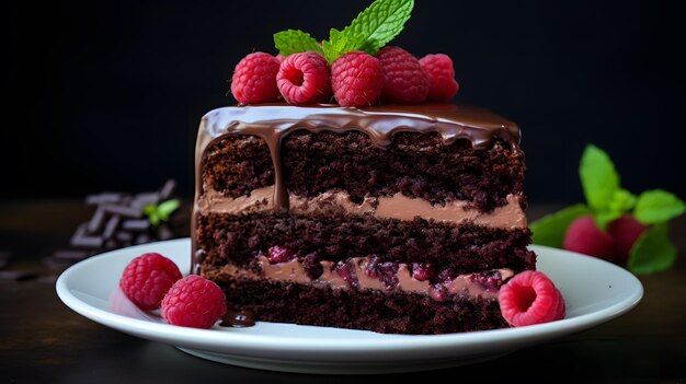 Foto hay un trozo de pastel de chocolate con frambuesas encima ia generativa