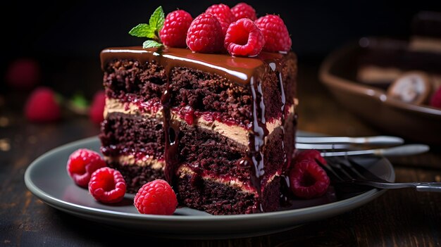 hay un trozo de pastel de chocolate con frambuesas en un plato IA generativa