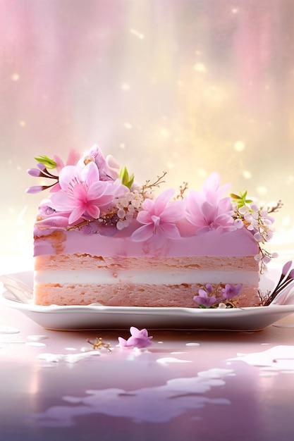 hay un trozo de pastel con flores rosadas en un plato ai generativo