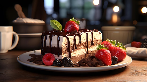 hay un trozo de tarta con chocolate y fresas en un plato IA generativa