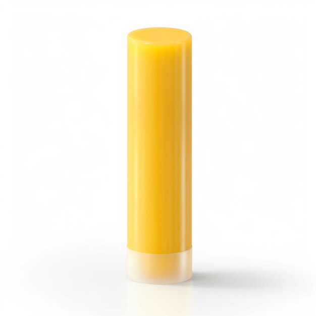 Hay un tubo amarillo de mantequilla de labios sobre una superficie blanca generativa ai