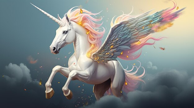 hay un unicornio blanco con cabello rosa y alas volando por el cielo generativo ai