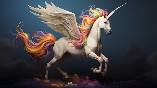 Hay un unicornio blanco con una melena arco iris y alas generativas ai