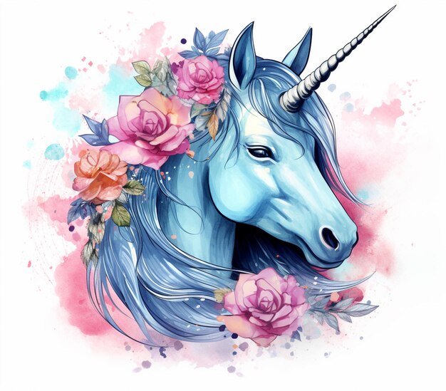 hay un unicornio con una corona de flores en su cabeza generativo ai