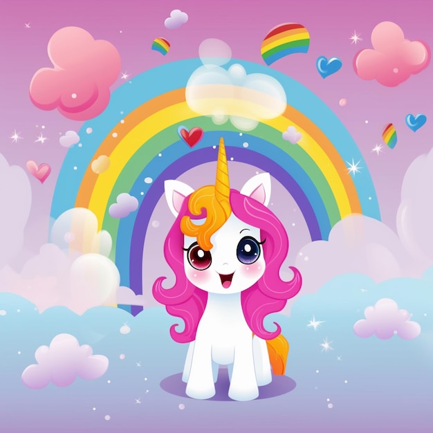 Hay un unicornio de dibujos animados parado frente a un ai generativo de arco iris.