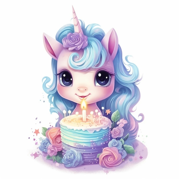 hay un unicornio de dibujos animados con un pastel de cumpleaños con velas generativa ai