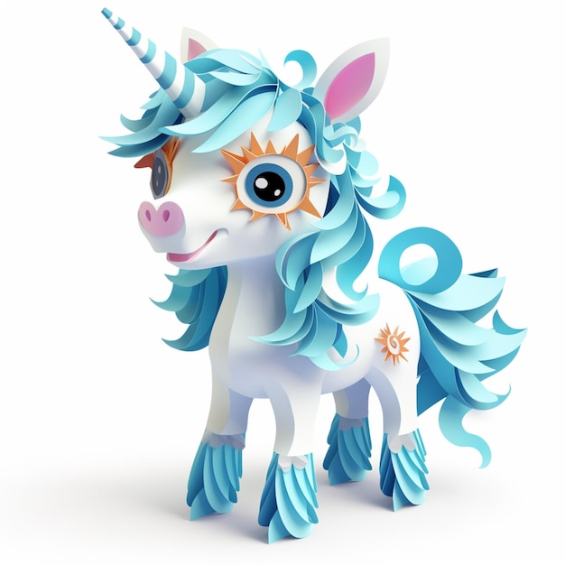 Foto hay un unicornio de papel con una melena azul y una estrella en su frente generativo ai