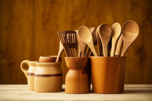 Hay utensilios de madera en un
