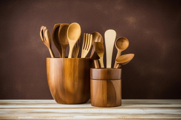 Hay utensilios de madera en un