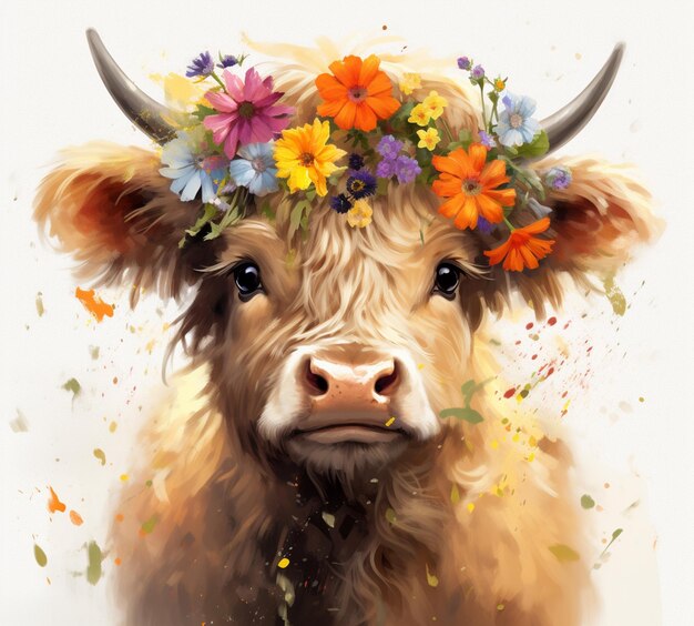 Hay una vaca con una corona de flores en la cabeza ai generativo