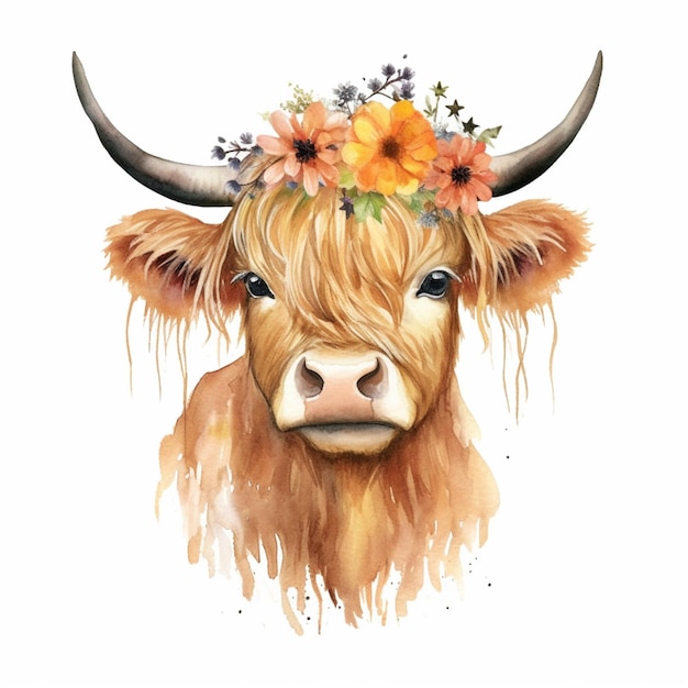 hay una vaca con una corona de flores en su cabeza generativa ai