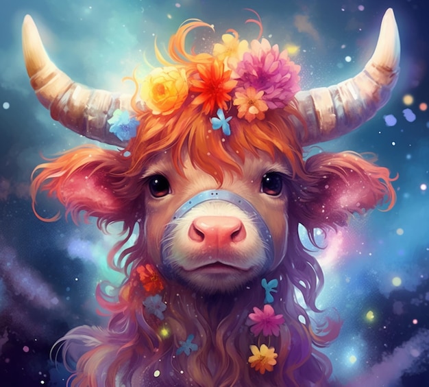 hay una vaca con una corona de flores en su cabeza generativa ai
