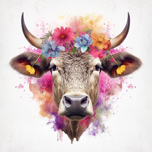 Hay una vaca con una corona de flores en su cabeza generativa ai