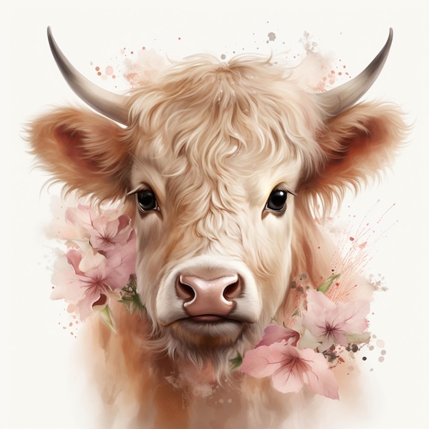 Hay una vaca con una corona de flores en su cabeza generativa ai