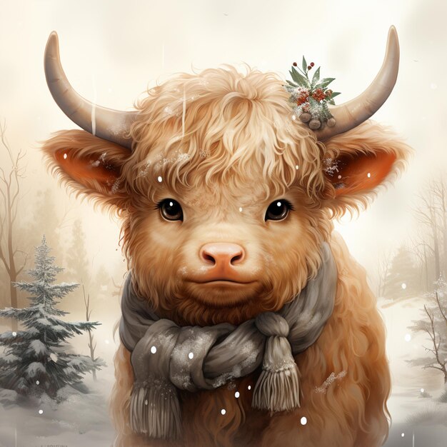 Hay una vaca con cuernos y una bufanda en la nieve generativa ai