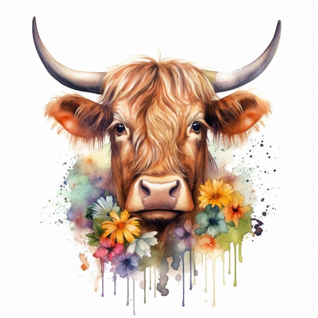 Hay una vaca con cuernos y flores en la cabeza generativa ai